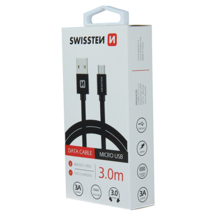 Kabel datový SWISSTEN TEXTILE USB / MICRO USB 3m černý | AutoMax Group