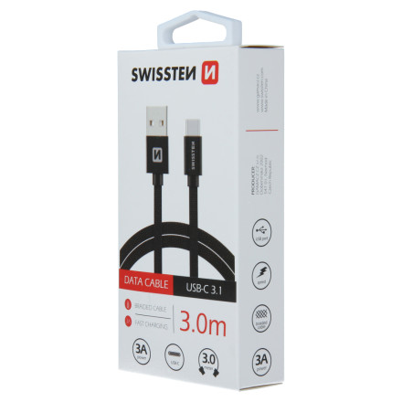 Kábel dátový SWISSTEN TEXTILE USB / USB-C 3m čierny | AutoMax Group