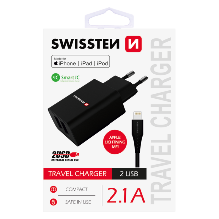 Nabíjačka sieťová SWISSTEN SMART IC 2x USB 2,1 A POWER + dátový kábel USB / lightning Mfiy | AutoMax Group