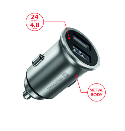 Nabíječka USB 12/24V SWISSTEN 2x USB 4,8 AMP stříbrná | AutoMax Group